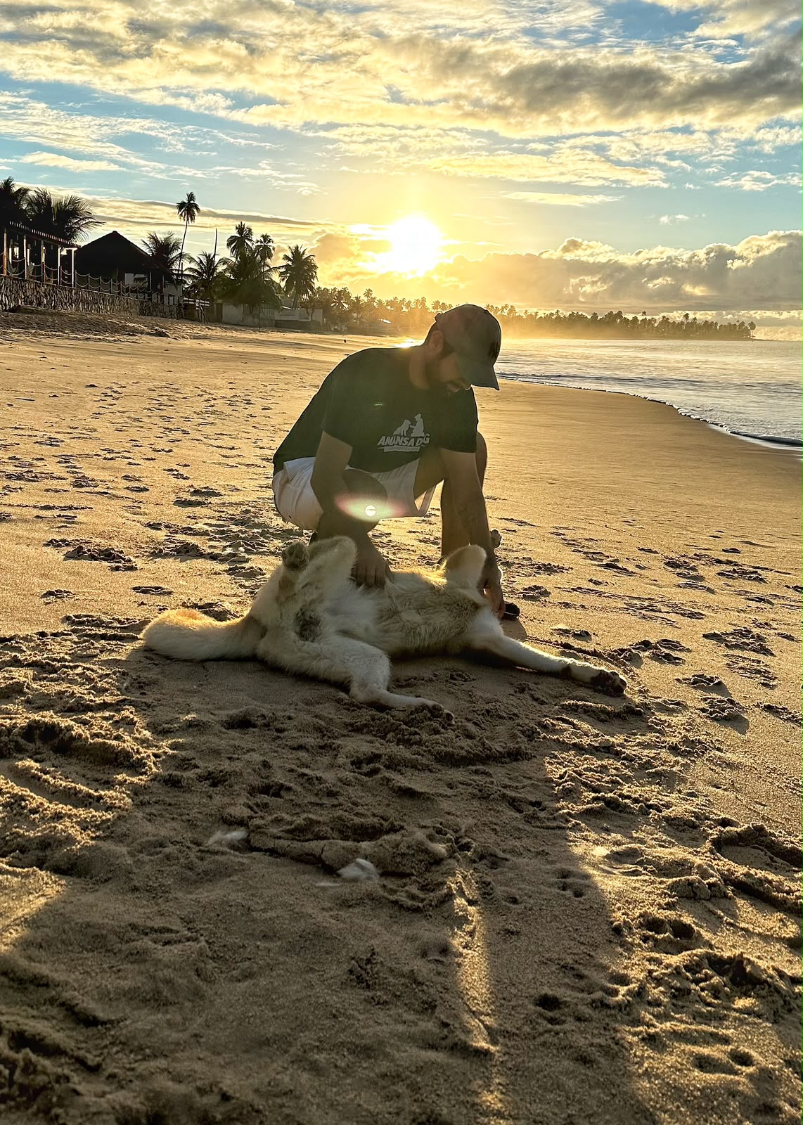 Eduardo Alves, adestrador da Amansa Dog, treinando cão na praia ao pôr do sol